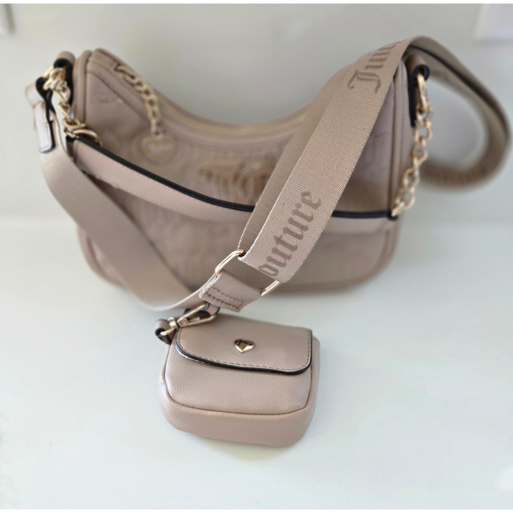 Juicy Couture Taupe Beige Debossed Logo Crossbody Bag with Coin Pouch Gold‎ Tone